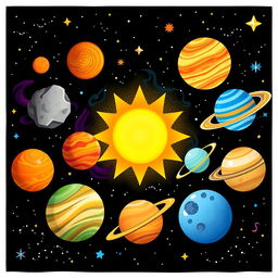 A beautifully illustrated solar system scene, featuring all eight planets in vibrant colors and imaginative designs to appeal to children