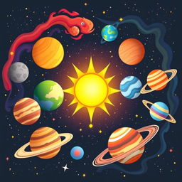 A beautifully illustrated solar system scene, featuring all eight planets in vibrant colors and imaginative designs to appeal to children