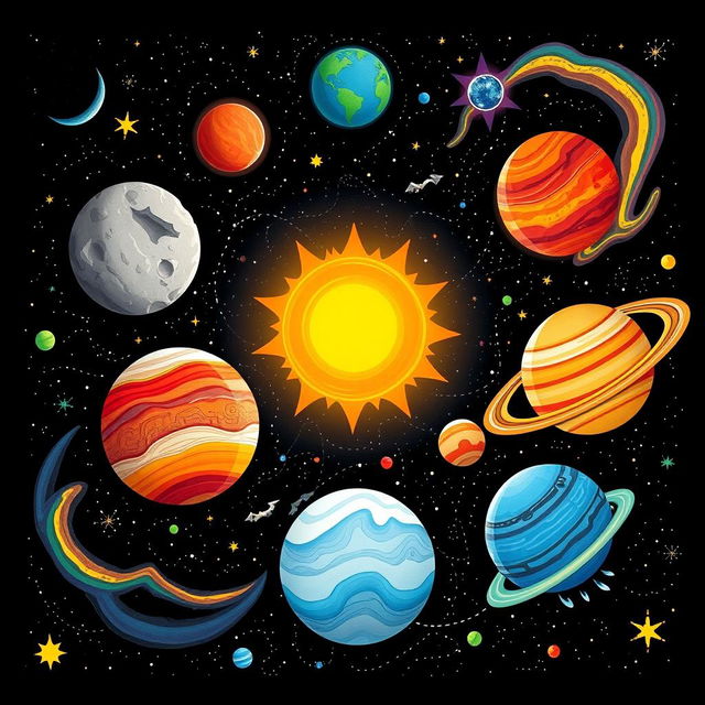 A beautifully illustrated solar system scene, featuring all eight planets in vibrant colors and imaginative designs to appeal to children