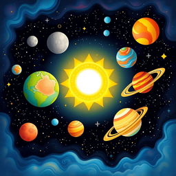 A beautifully illustrated solar system scene, featuring all eight planets in vibrant colors and imaginative designs to appeal to children