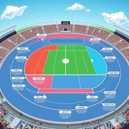 A vibrant and detailed illustration of a standard athletics track layout, featuring clearly delineated zones for individual events such as sprints, middle-distance running, long-distance running, relays, hurdles, steeplechase, high jump, long jump, triple jump, pole vault, shot put, discus, javelin, and hammer throw