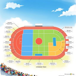A vibrant and detailed illustration of a standard athletics track layout, featuring clearly delineated zones for individual events such as sprints, middle-distance running, long-distance running, relays, hurdles, steeplechase, high jump, long jump, triple jump, pole vault, shot put, discus, javelin, and hammer throw