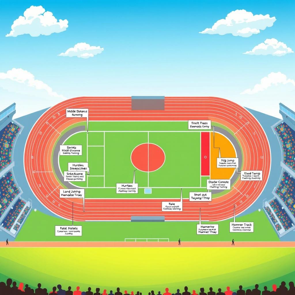 A vibrant and detailed illustration of a standard athletics track layout, featuring clearly delineated zones for individual events such as sprints, middle-distance running, long-distance running, relays, hurdles, steeplechase, high jump, long jump, triple jump, pole vault, shot put, discus, javelin, and hammer throw