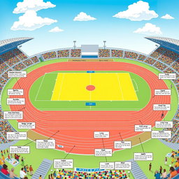 A vibrant and detailed illustration of a standard athletics track layout, featuring clearly delineated zones for individual events such as sprints, middle-distance running, long-distance running, relays, hurdles, steeplechase, high jump, long jump, triple jump, pole vault, shot put, discus, javelin, and hammer throw