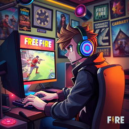 A vibrant and dynamic scene depicting a character from a popular mobile game, Free Fire, engaging in intense gameplay