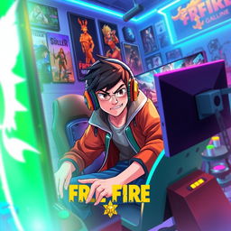 A vibrant and dynamic scene depicting a character from a popular mobile game, Free Fire, engaging in intense gameplay