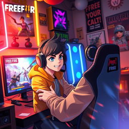A vibrant and dynamic scene depicting a character from a popular mobile game, Free Fire, engaging in intense gameplay