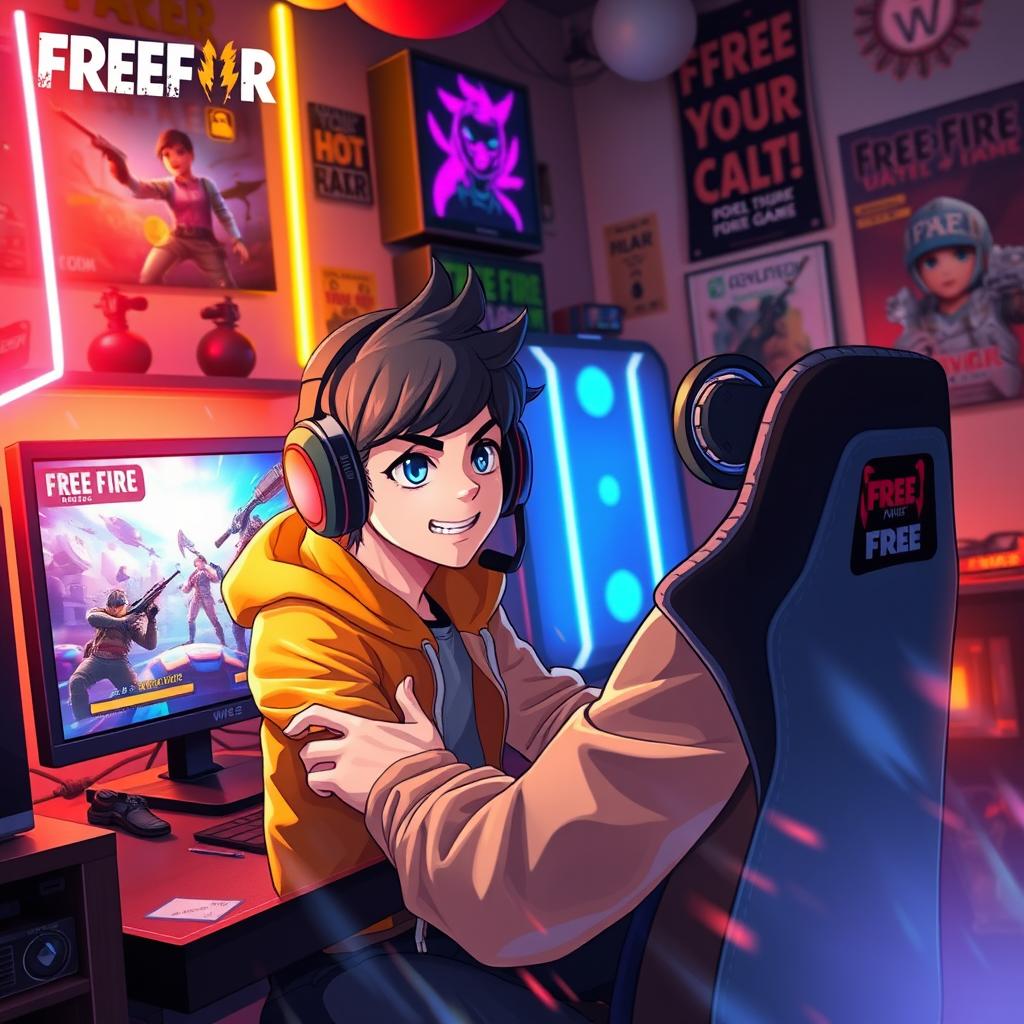 A vibrant and dynamic scene depicting a character from a popular mobile game, Free Fire, engaging in intense gameplay