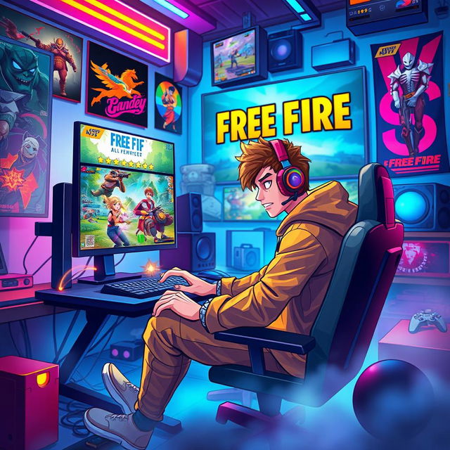 A vibrant and dynamic scene depicting a character from a popular mobile game, Free Fire, engaging in intense gameplay
