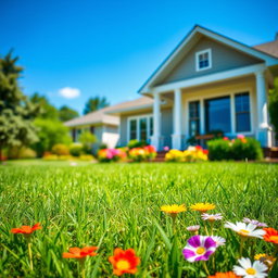 A beautiful outdoor scene featuring a clear blue sky and lush green grass, with a vibrant garden full of colorful flowers in the foreground