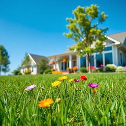 A beautiful outdoor scene featuring a clear blue sky and lush green grass, with a vibrant garden full of colorful flowers in the foreground
