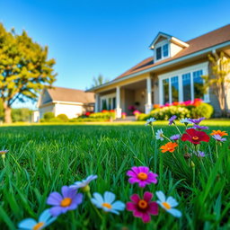 A beautiful outdoor scene featuring a clear blue sky and lush green grass, with a vibrant garden full of colorful flowers in the foreground