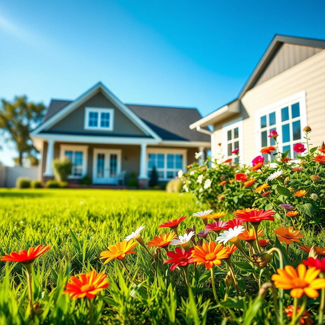 A beautiful outdoor scene featuring a clear blue sky and lush green grass, with a vibrant garden full of colorful flowers in the foreground