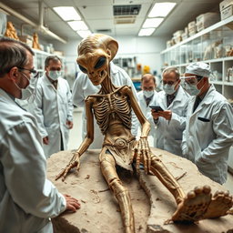 A fossilized body of an alien in strange attire, situated in a laboratory