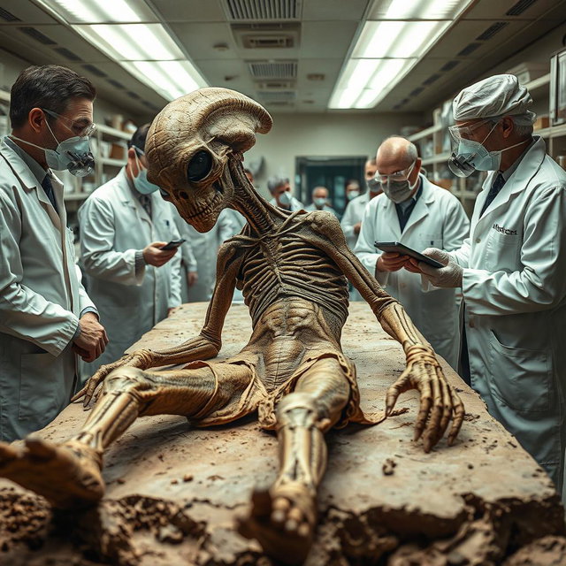A fossilized body of an alien in strange attire, situated in a laboratory