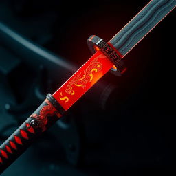 An elegant katana sword with a gleaming red blade that resembles solidified fire embers, radiating a captivating glow