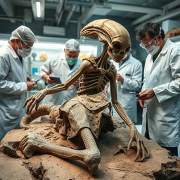 A fossilized body of an alien in strange attire, situated in a laboratory