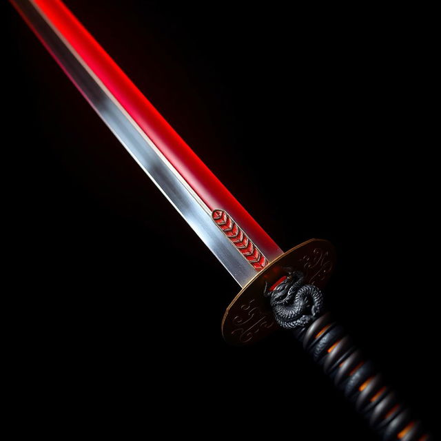 An elegant katana sword with a gleaming red blade that resembles solidified fire embers, radiating a captivating glow