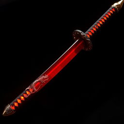 An elegant katana sword with a gleaming red blade that resembles solidified fire embers, radiating a captivating glow