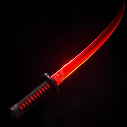 An elegant katana sword with a gleaming red blade that resembles solidified fire embers, radiating a captivating glow