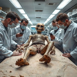 A fossilized body of an alien in strange attire, situated in a laboratory