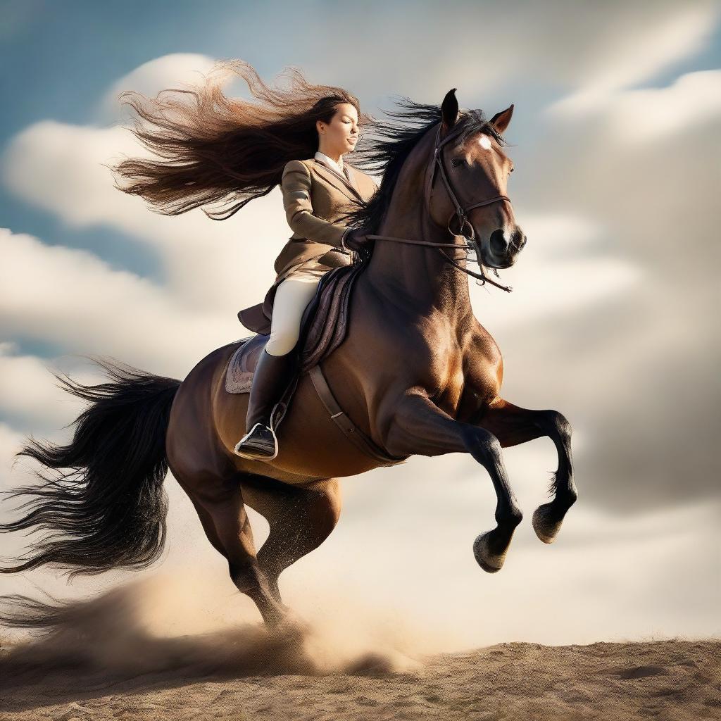 A person confidently riding a majestic horse, showcasing a scene of harmony and strength.