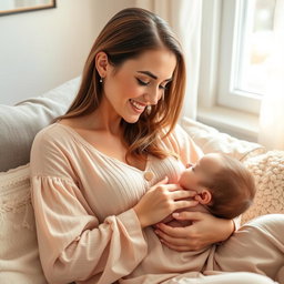 A tender moment between a mother and her baby during breastfeeding, in a cozy and serene setting
