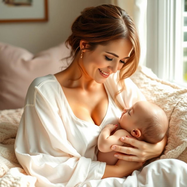 A tender moment between a mother and her baby during breastfeeding, in a cozy and serene setting