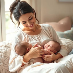 A tender moment between a mother and her baby during breastfeeding, in a cozy and serene setting