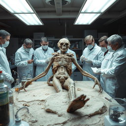 A fossilized body of an alien in bizarre clothing, located in a laboratory