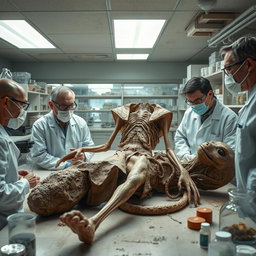 A fossilized body of an alien in bizarre clothing, located in a laboratory