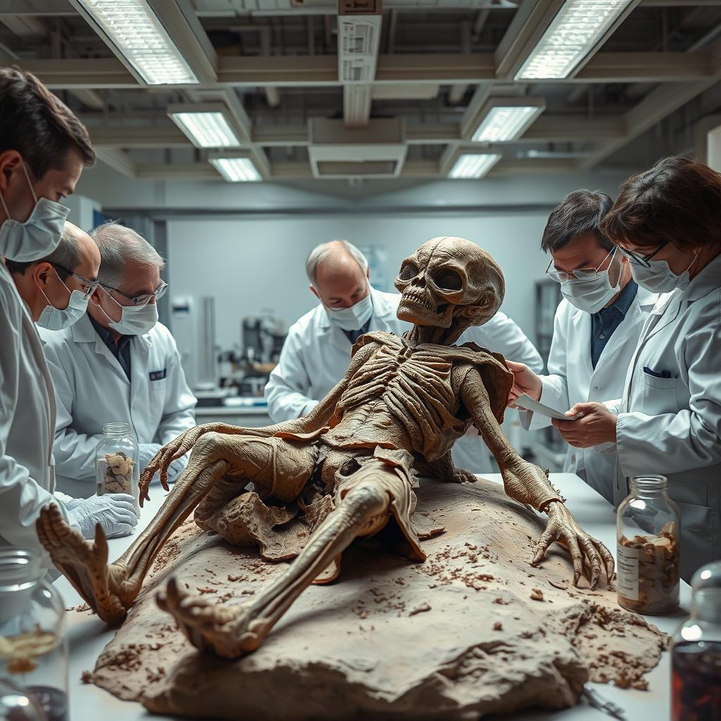 A fossilized body of an alien in bizarre clothing, located in a laboratory