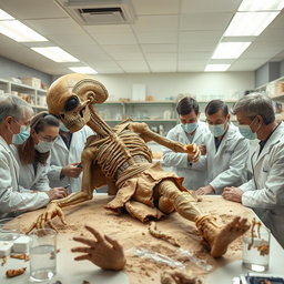 A fossilized body of an alien in bizarre clothing, located in a laboratory