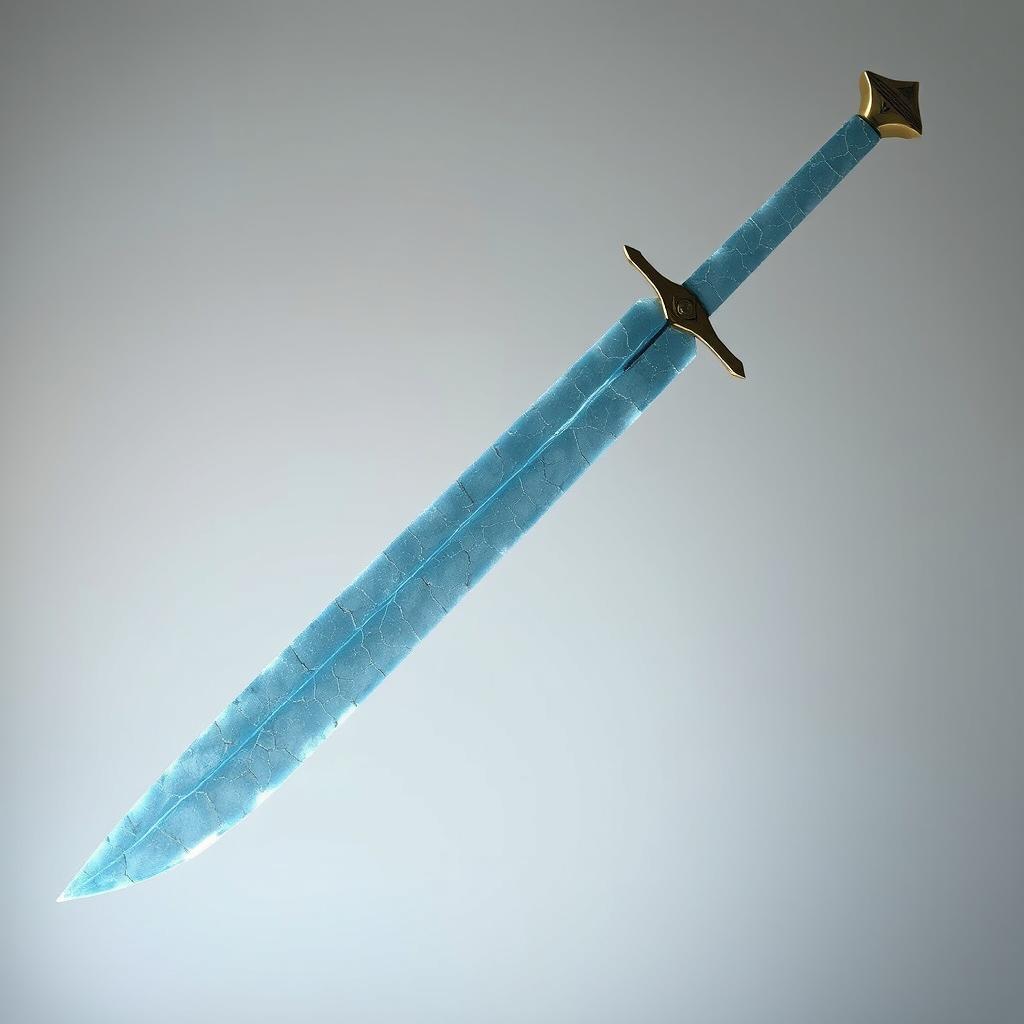 A long sword featuring an elegant design, with a blade that resembles faded blue crystal glass