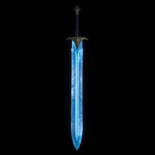 A long sword showcasing an elegant design, featuring a blade that resembles faded blue crystal glass, perfectly translucent with delicate cracks running along its surface