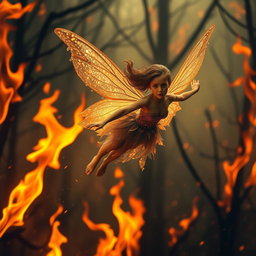 A lonely flying fairy with ethereal, translucent wings soaring gracefully through a burning forest