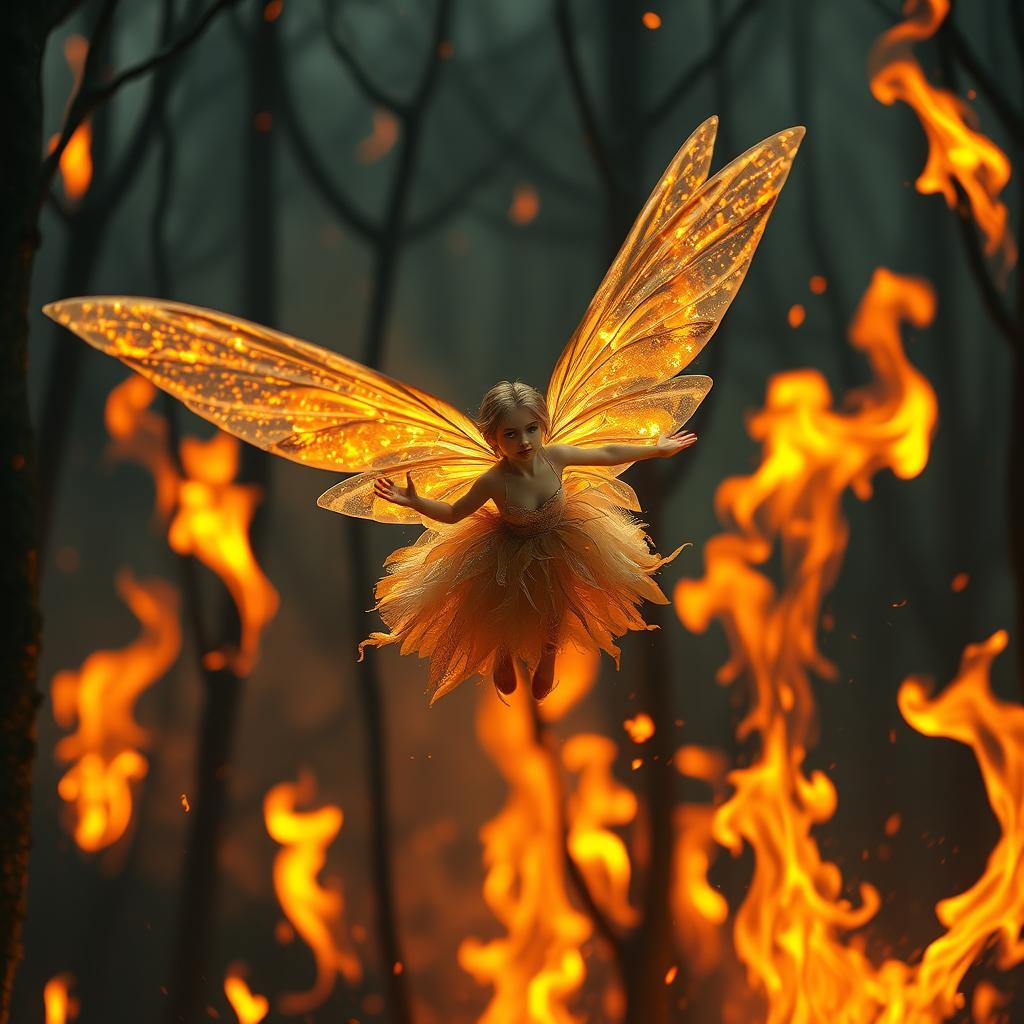 A lonely flying fairy with ethereal, translucent wings soaring gracefully through a burning forest