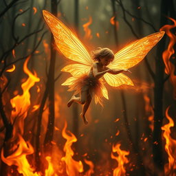 A lonely flying fairy with ethereal, translucent wings soaring gracefully through a burning forest