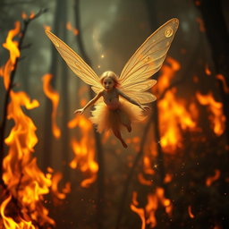 A lonely flying fairy with ethereal, translucent wings soaring gracefully through a burning forest