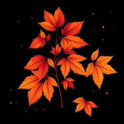 A striking illustration featuring vibrant autumn leaves prominently displayed in the center of the image