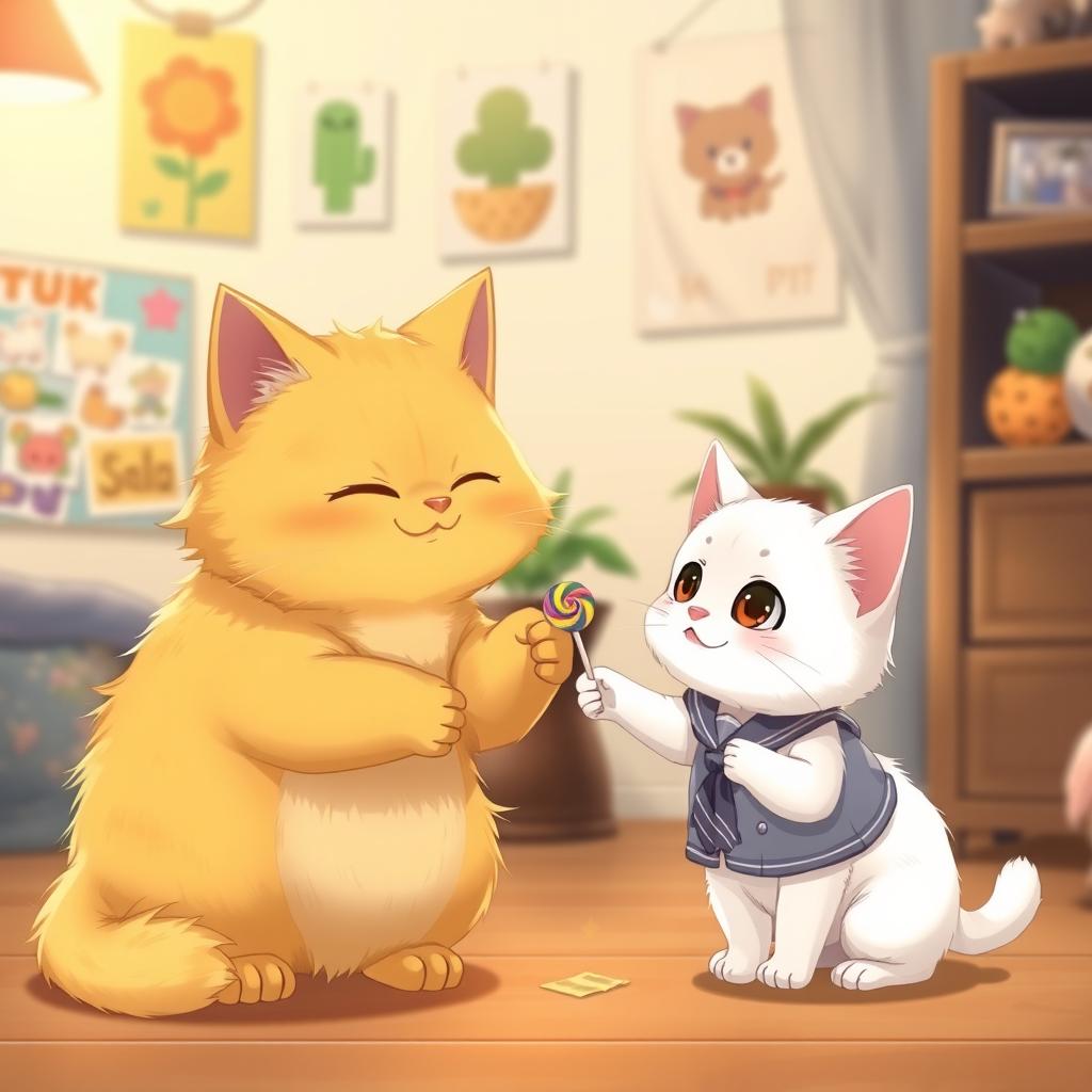 A realistic illustration of a chubby yellow cat, with fluffy fur, handing a lollipop to a small white kitten wearing a school uniform