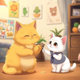 A realistic illustration of a chubby yellow cat, with fluffy fur, handing a lollipop to a small white kitten wearing a school uniform