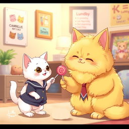 A realistic illustration of a chubby yellow cat, with fluffy fur, handing a lollipop to a small white kitten wearing a school uniform