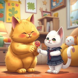A realistic illustration of a chubby yellow cat, with fluffy fur, handing a lollipop to a small white kitten wearing a school uniform