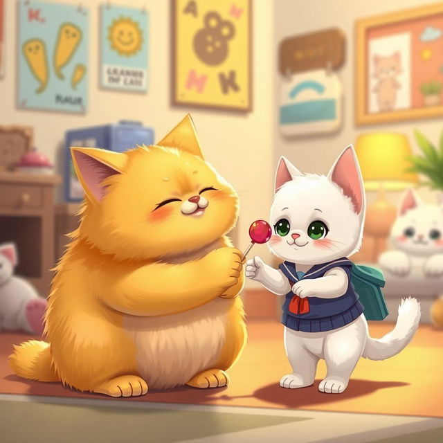 A realistic illustration of a chubby yellow cat, with fluffy fur, handing a lollipop to a small white kitten wearing a school uniform