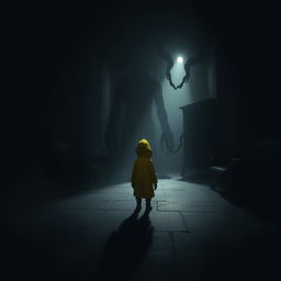 A dark, atmospheric scene inspired by the video game Little Nightmares, featuring a small, shadowy figure in a yellow raincoat standing in a dimly lit, surreal environment