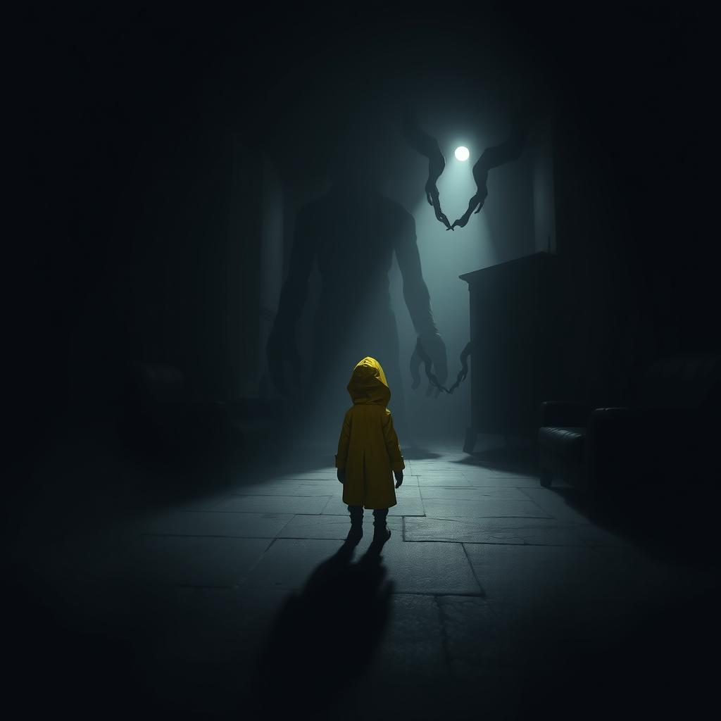 A dark, atmospheric scene inspired by the video game Little Nightmares, featuring a small, shadowy figure in a yellow raincoat standing in a dimly lit, surreal environment