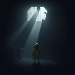 A dark, atmospheric scene inspired by the video game Little Nightmares, featuring a small, shadowy figure in a yellow raincoat standing in a dimly lit, surreal environment