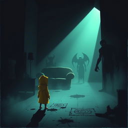 A dark, atmospheric scene inspired by the video game Little Nightmares, featuring a small, shadowy figure in a yellow raincoat standing in a dimly lit, surreal environment