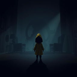 A dark, atmospheric scene inspired by the video game Little Nightmares, featuring a small, shadowy figure in a yellow raincoat standing in a dimly lit, surreal environment